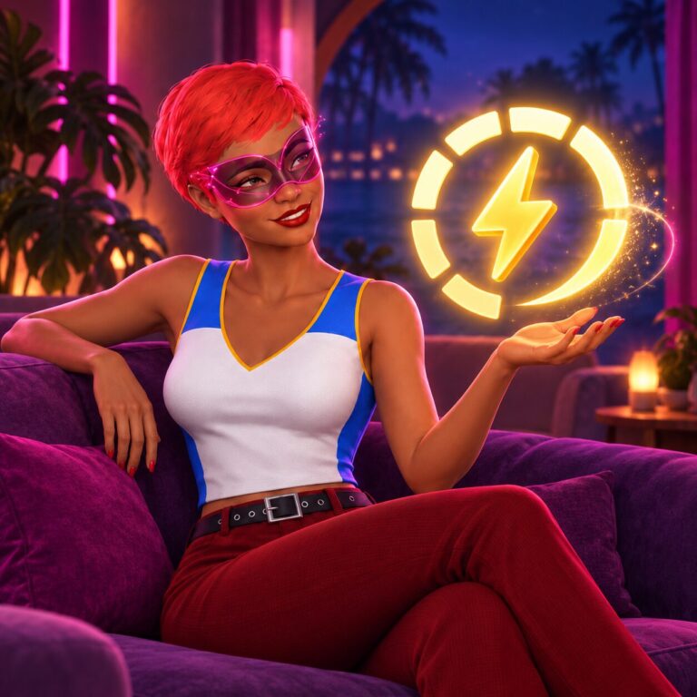 Kate with a glowing energy symbol